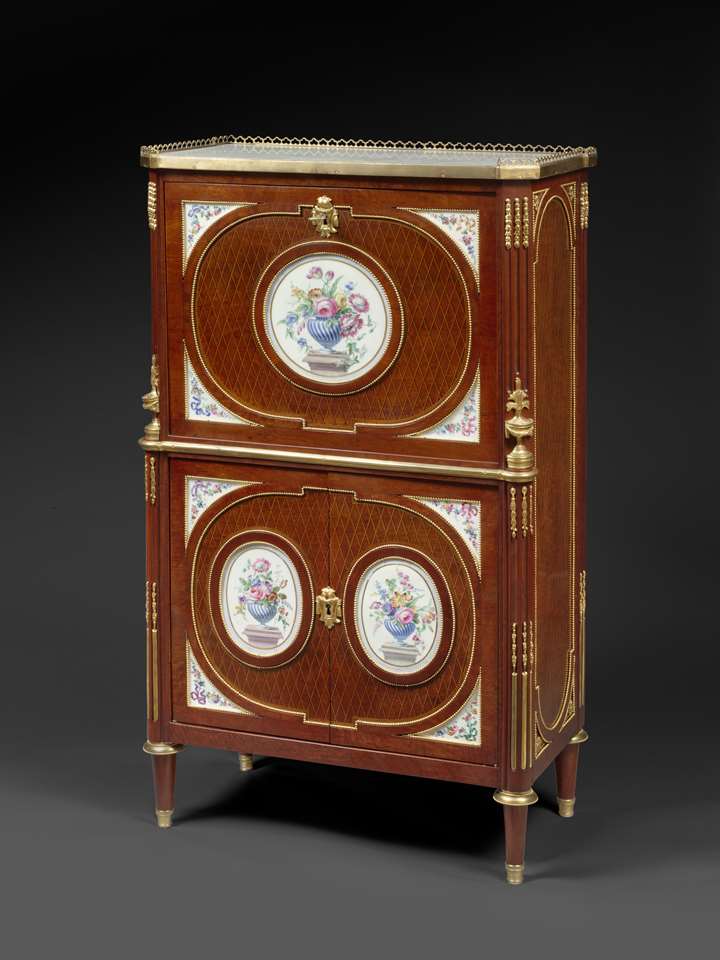 A FINE FRENCH ORMOLU AND PORCELAIN-MOUNTED MAHOGANY SECRETAIRE A ABATTANT Louis XVI